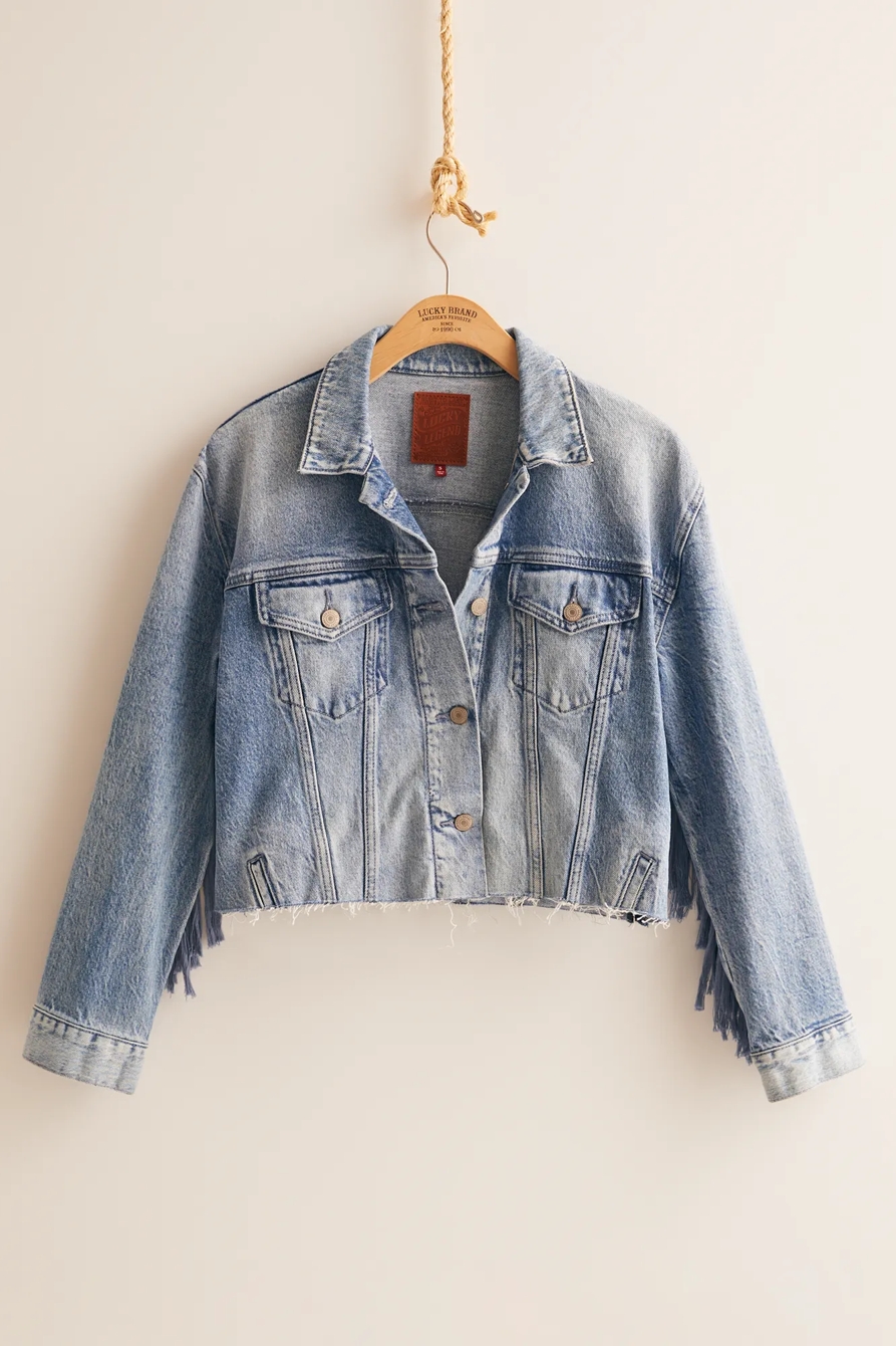 Women's Raw Edge Cropped Denim Fringe Jacket, image 3