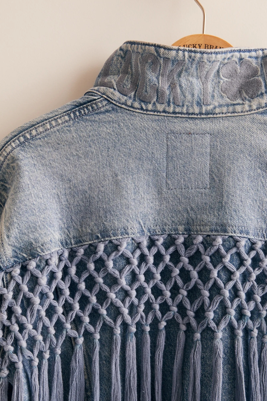 Women's Raw Edge Cropped Denim Fringe Jacket, image 4