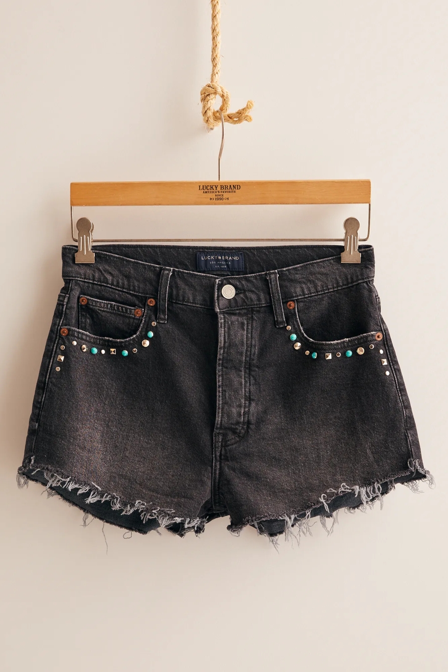 Lucky Upcycled Washed Black Embellished High Rise Shorty, image 1