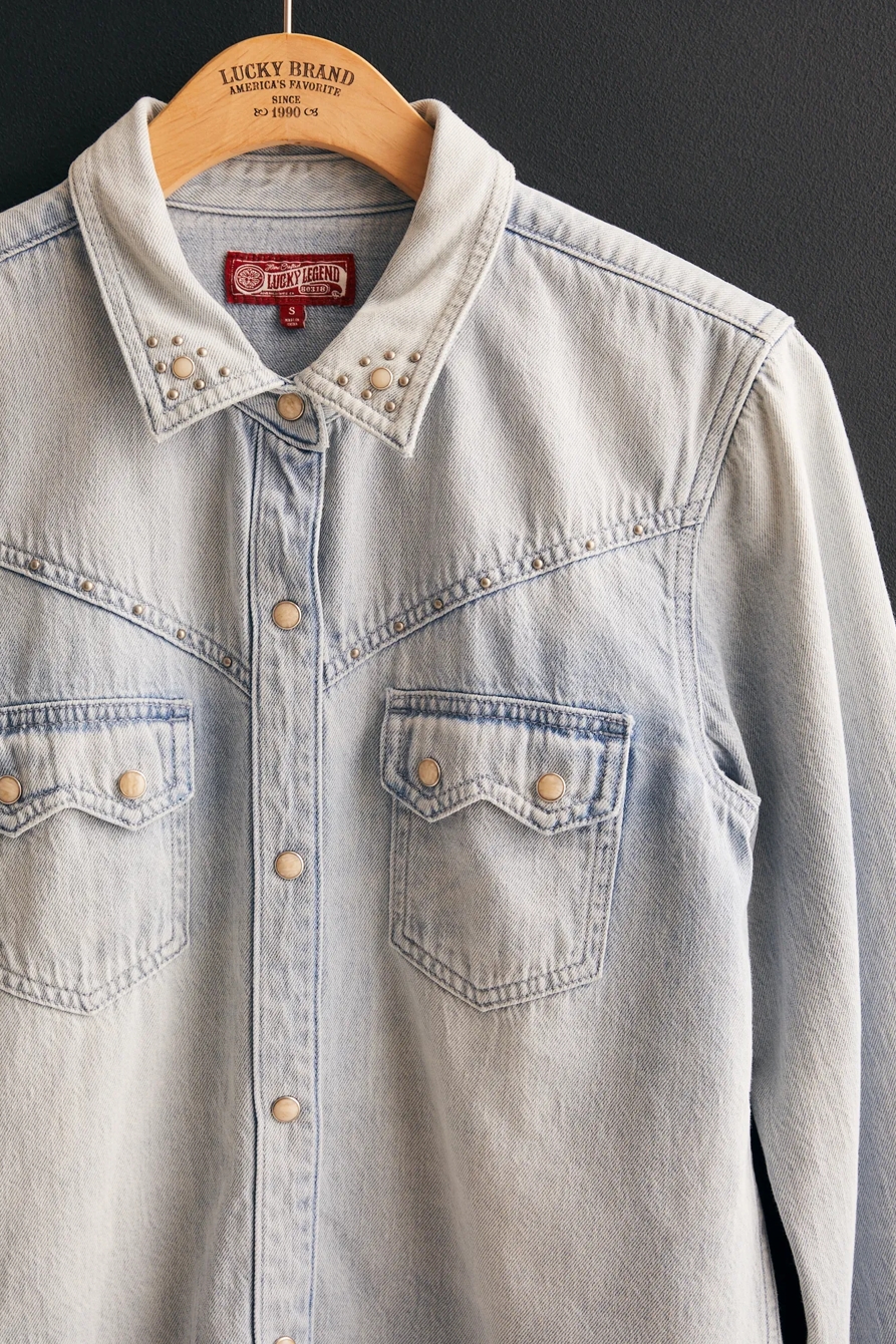 Women's Lucky Legend Bleach Washed Embellished Snap Shirt, image 3