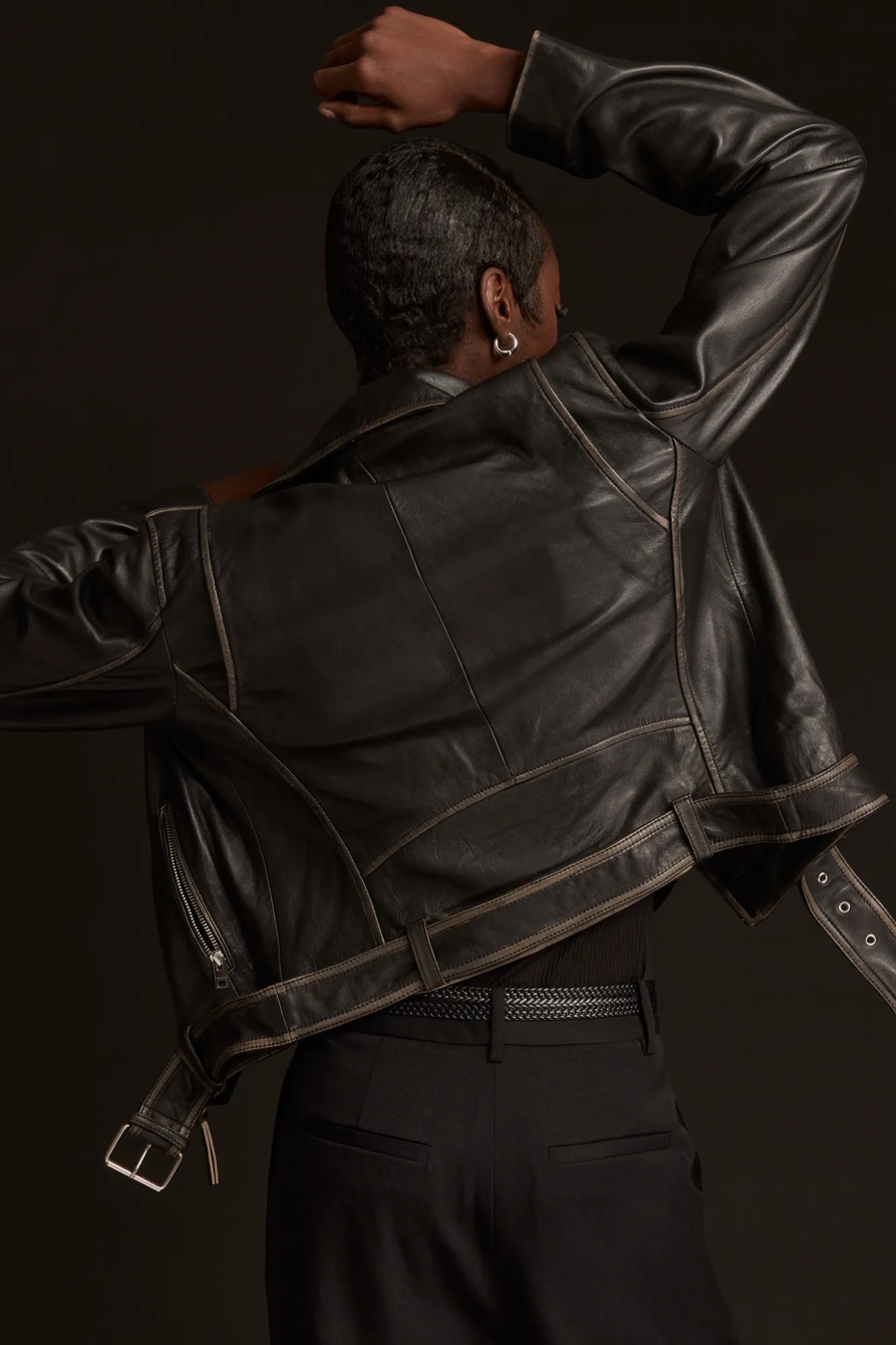 CROPPED DISTRESSED LEATHER MOTO JACKET, image 3