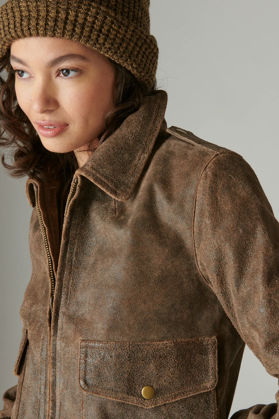 DISTRESSED CROPPED LEATHER BOMBER JACKET, image 2
