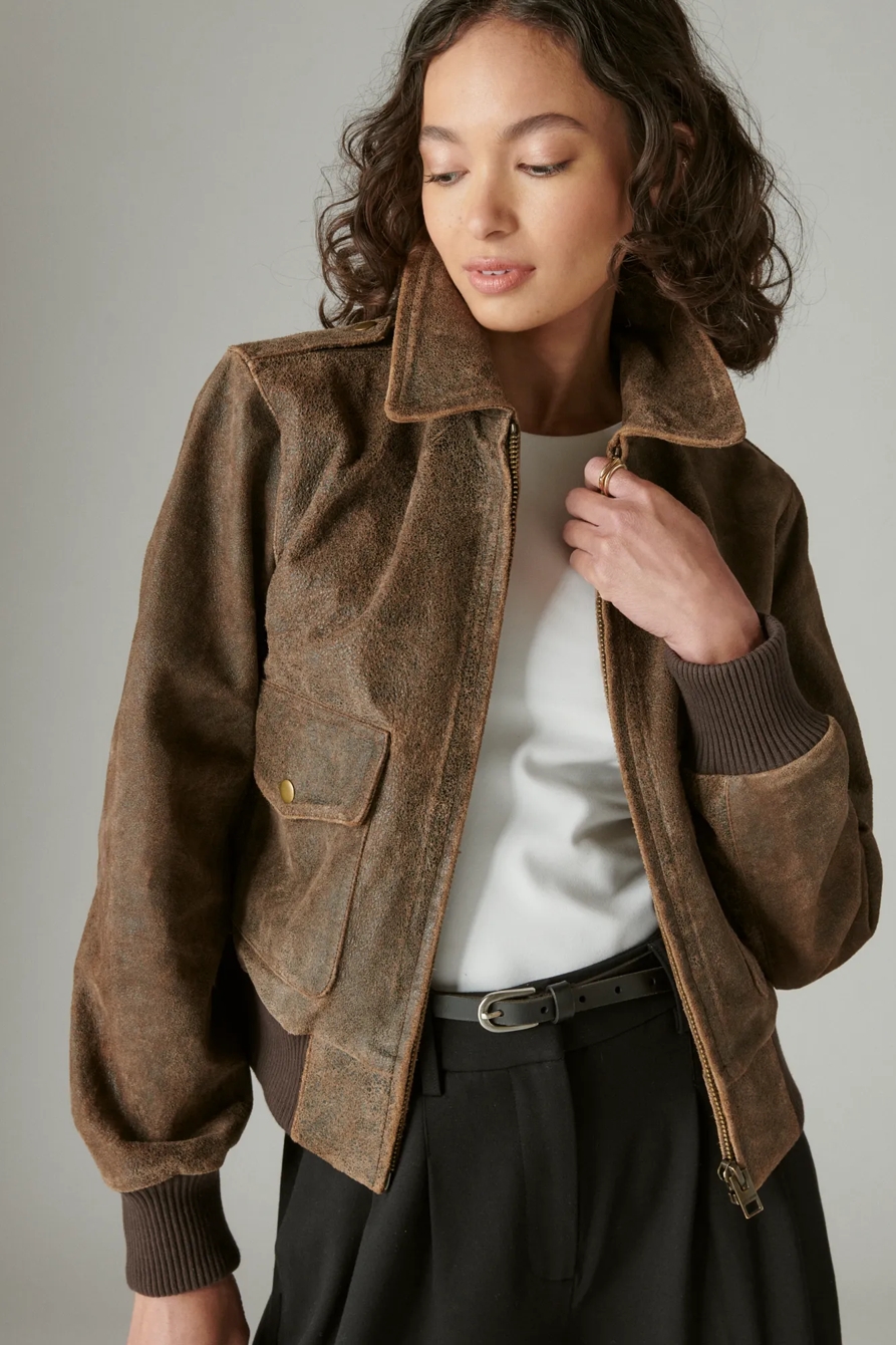 DISTRESSED CROPPED LEATHER BOMBER JACKET, image 3