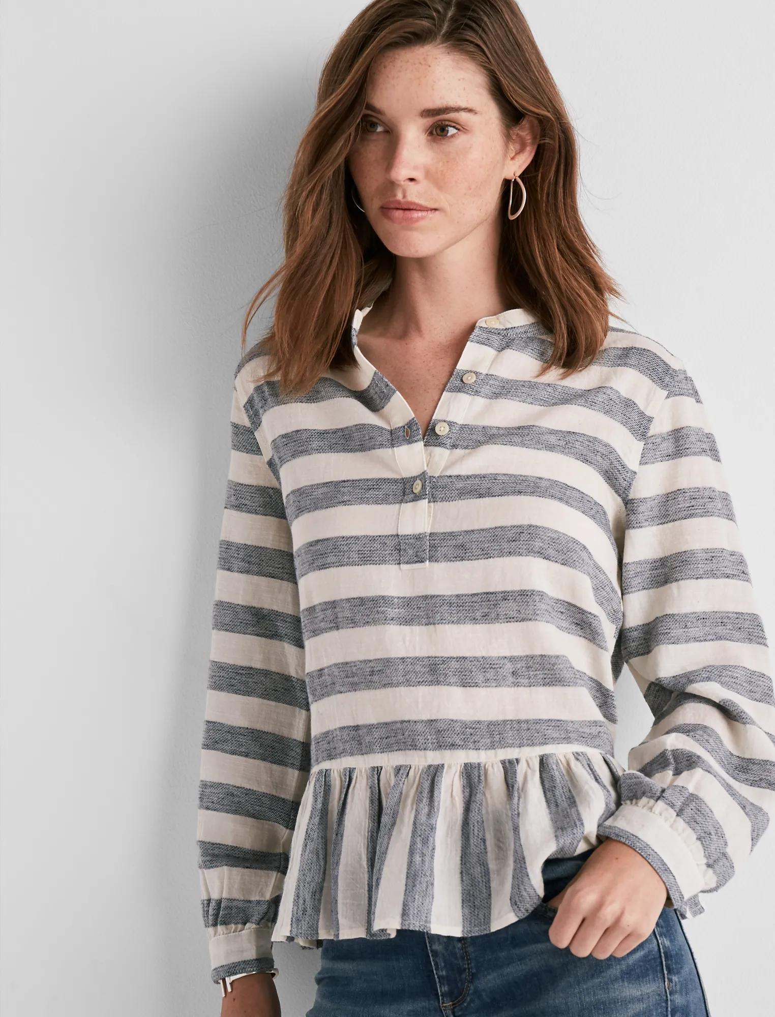LONG SLEEVE STRIPE PEPLUM TOP, image 1