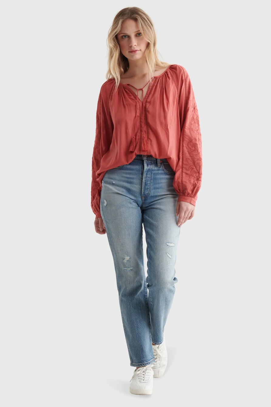 LONG SLEEVE CUTWORK PEASANT TOP, image 2