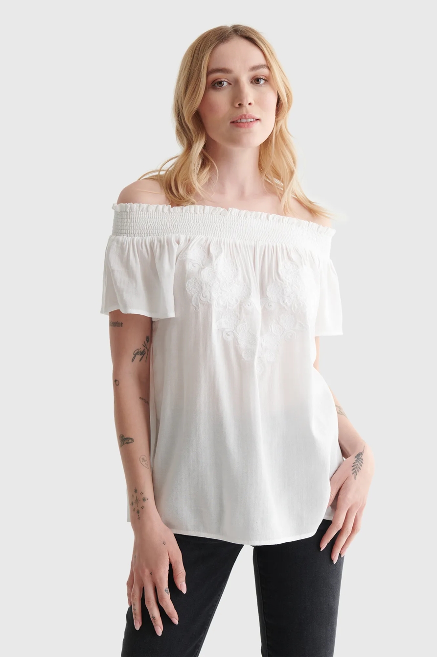 SHORT SLEEVE OFF THE SHOULDER EMBROIDERED TOP, image 1
