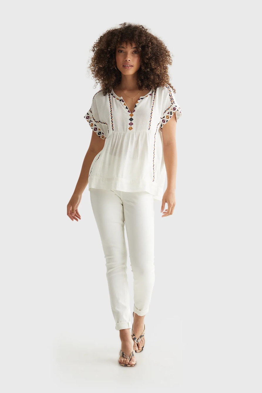 SHORT SLEEVE EMBROIDERED PEASANT TOP, image 2