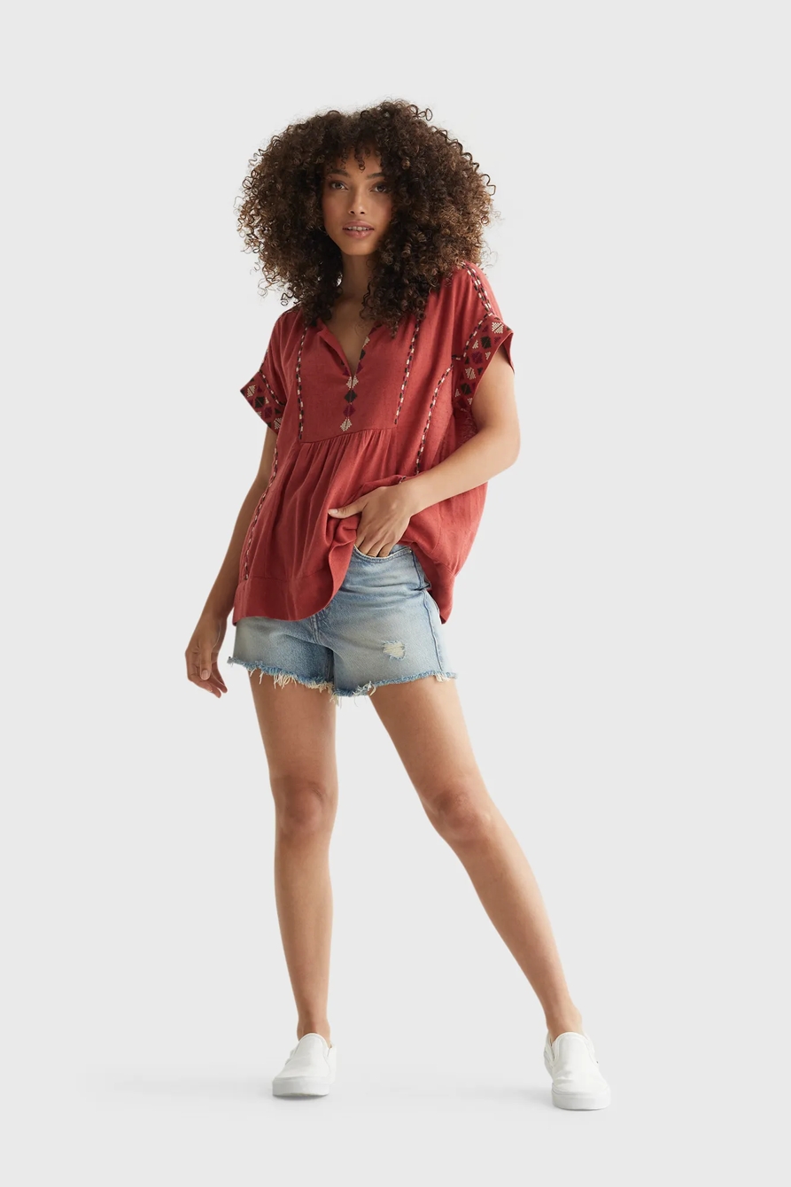 SHORT SLEEVE EMBROIDERED PEASANT TOP, image 2