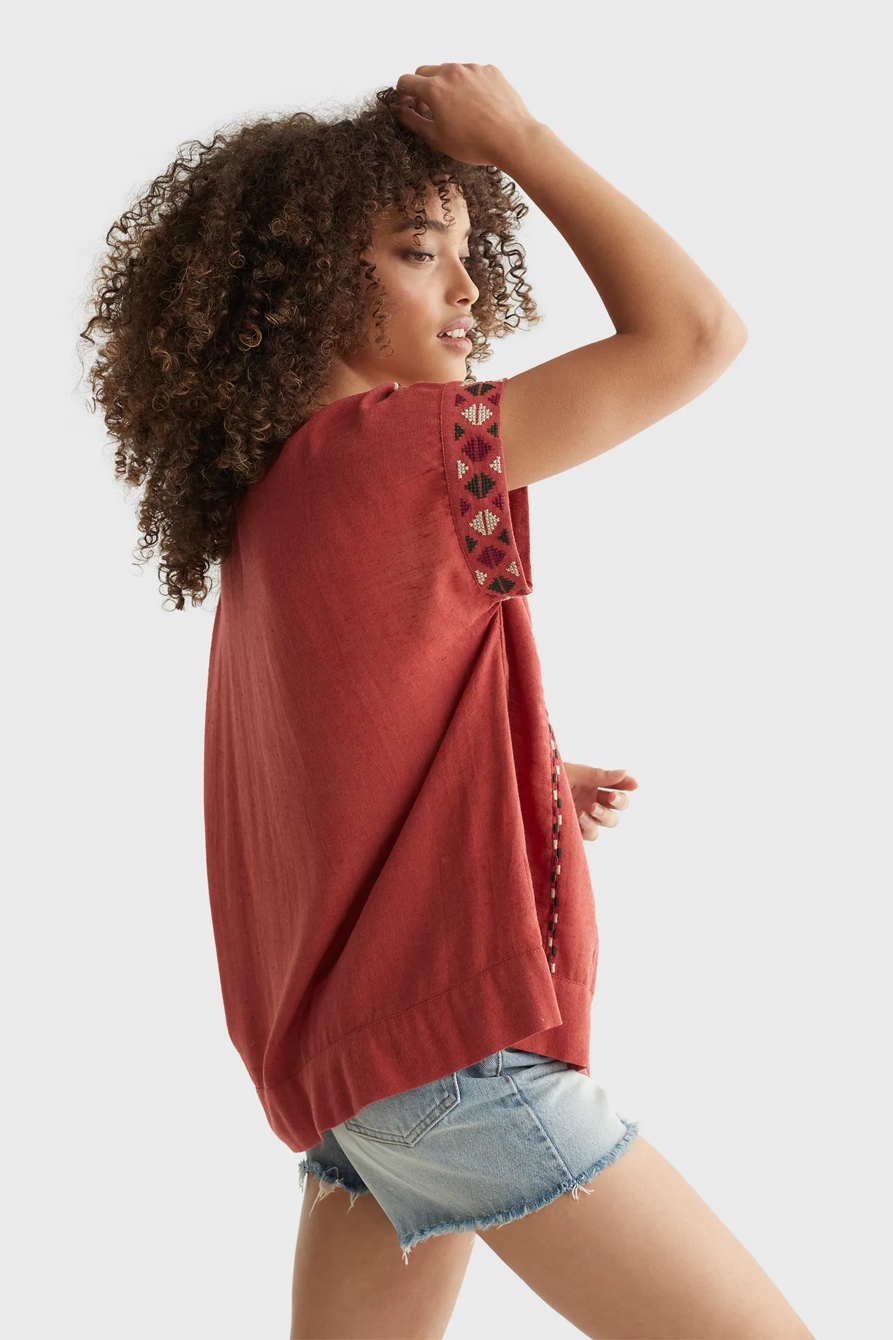 SHORT SLEEVE EMBROIDERED PEASANT TOP, image 3