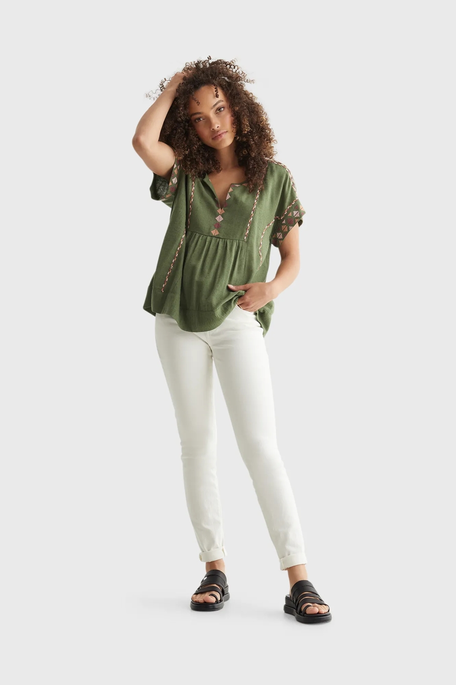 SHORT SLEEVE EMBROIDERED PEASANT TOP, image 2
