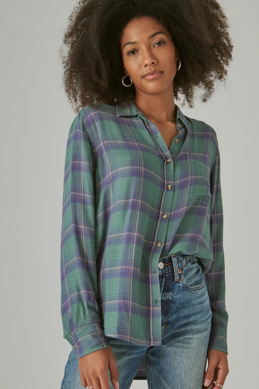 CLOUD PLAID BOYFRIEND BUTTON UP FLANNEL SHIRT, image 1
