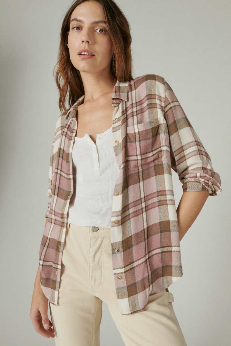 CLOUD PLAID BOYFRIEND BUTTON UP FLANNEL SHIRT, image 1