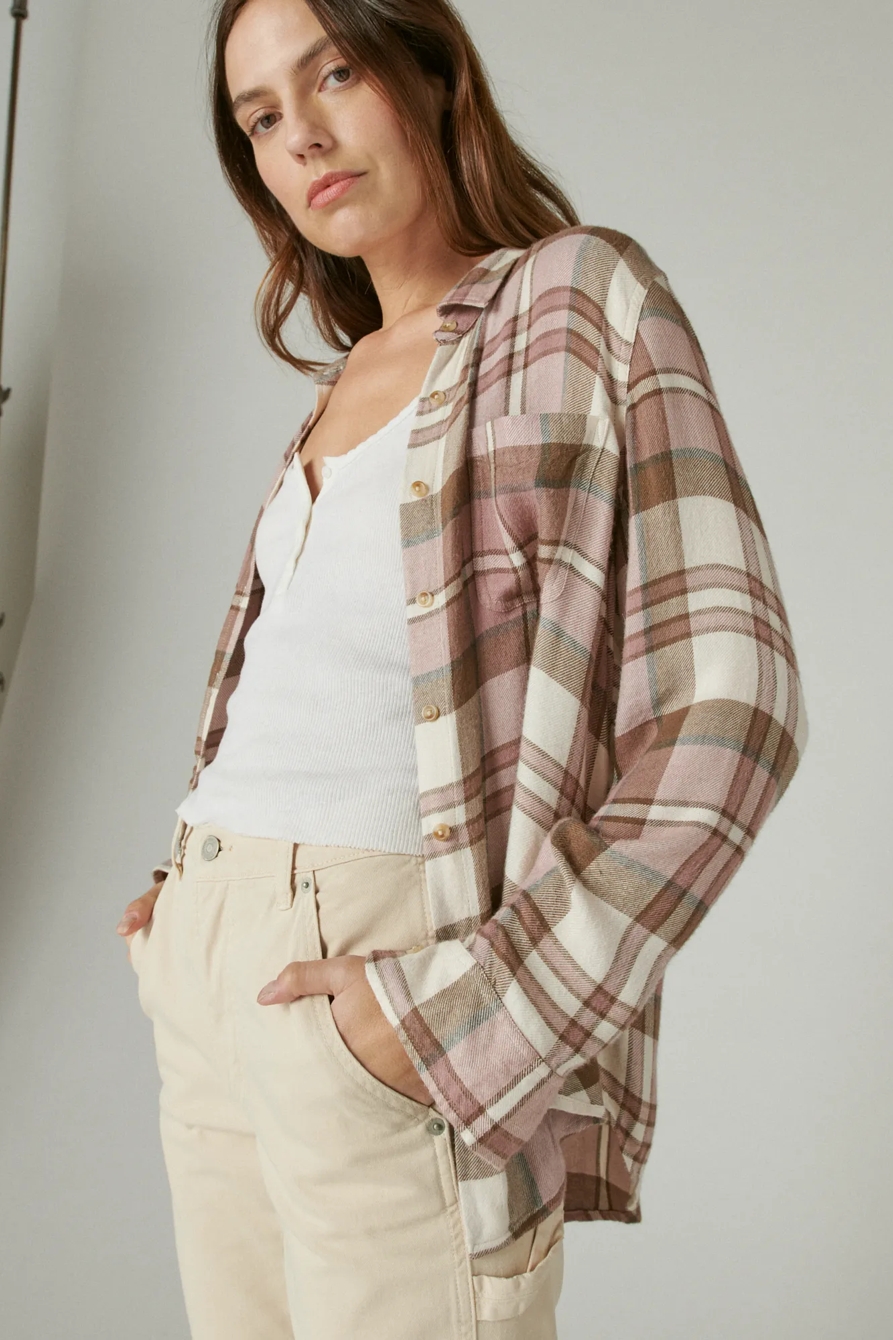 CLOUD PLAID BOYFRIEND BUTTON UP FLANNEL SHIRT, image 3