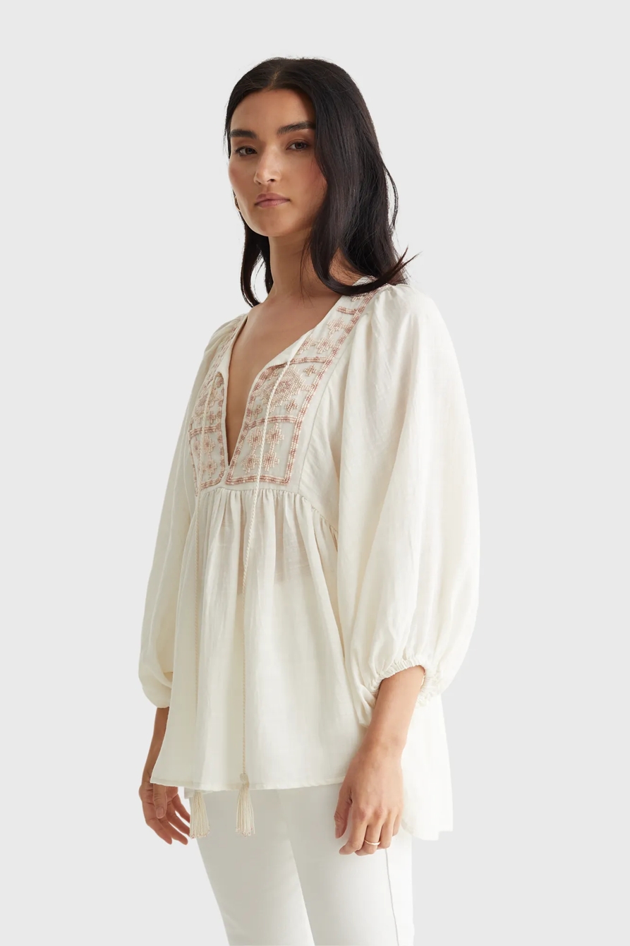 LIMITED EDITION BEADED TIE PEASANT TOP, image 3