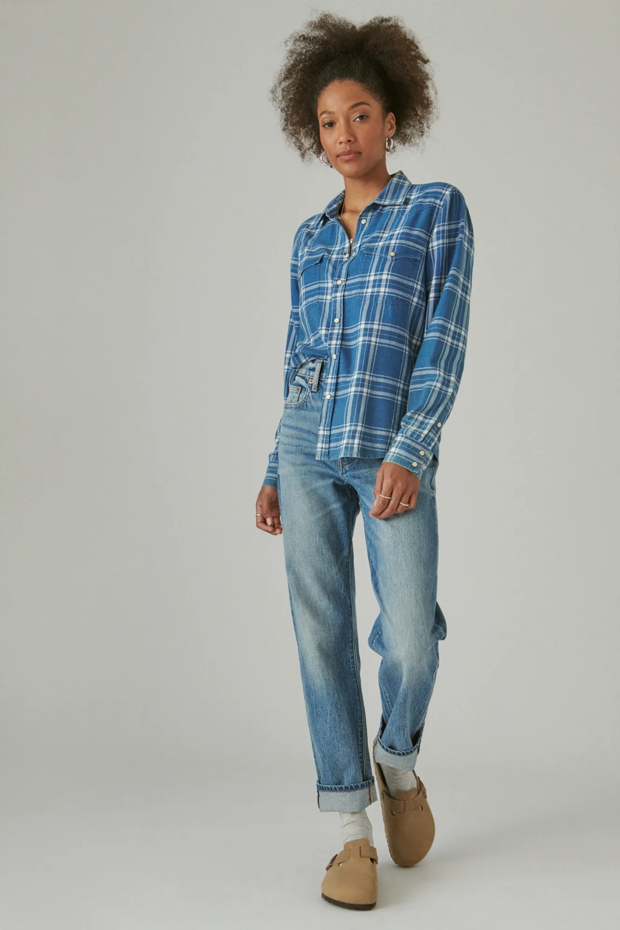 INDIGO PLAID WESTERN BUTTON UP SHIRT, image 2