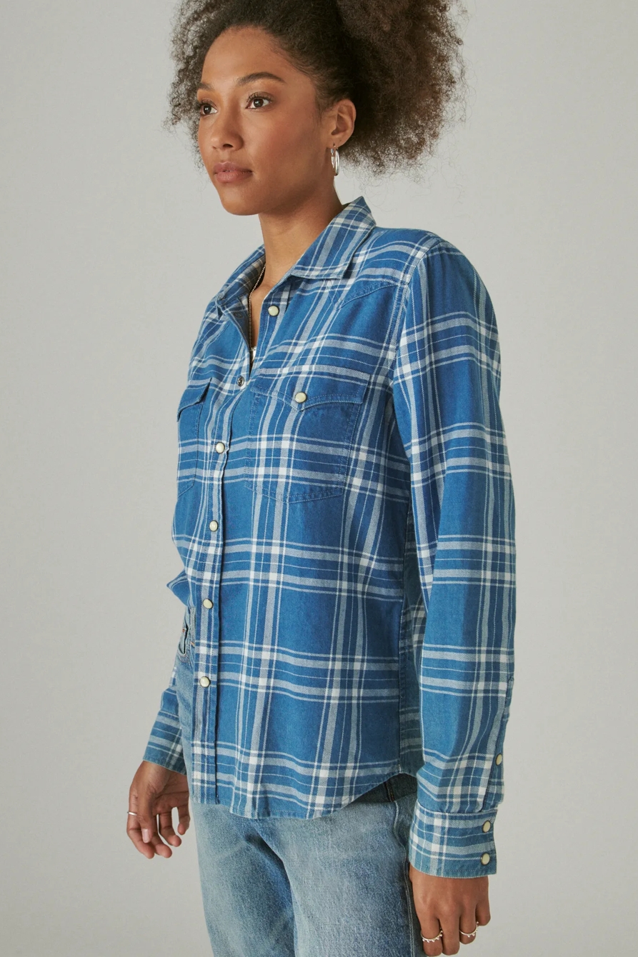 INDIGO PLAID WESTERN BUTTON UP SHIRT, image 3