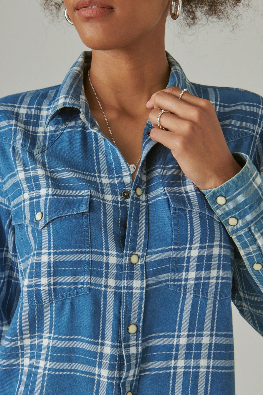INDIGO PLAID WESTERN BUTTON UP SHIRT, image 5