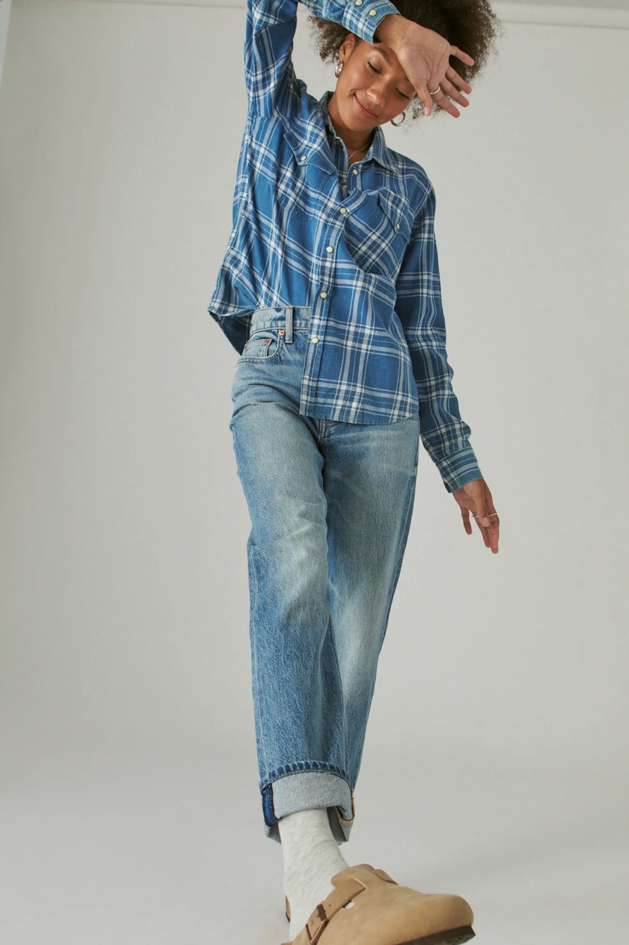 INDIGO PLAID WESTERN BUTTON UP SHIRT, image 6