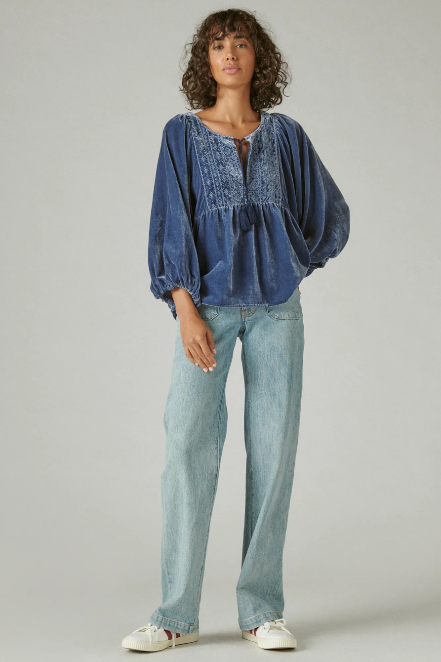 EMBROIDERED VELVET LONG SLEEVE BABYDOLL TOP, image 2