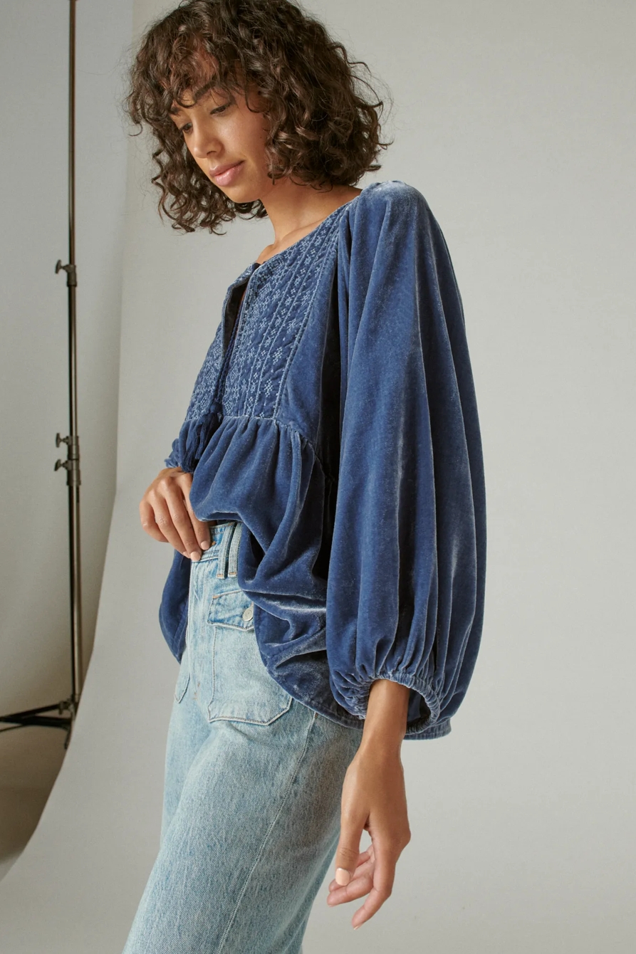 EMBROIDERED VELVET LONG SLEEVE BABYDOLL TOP, image 4