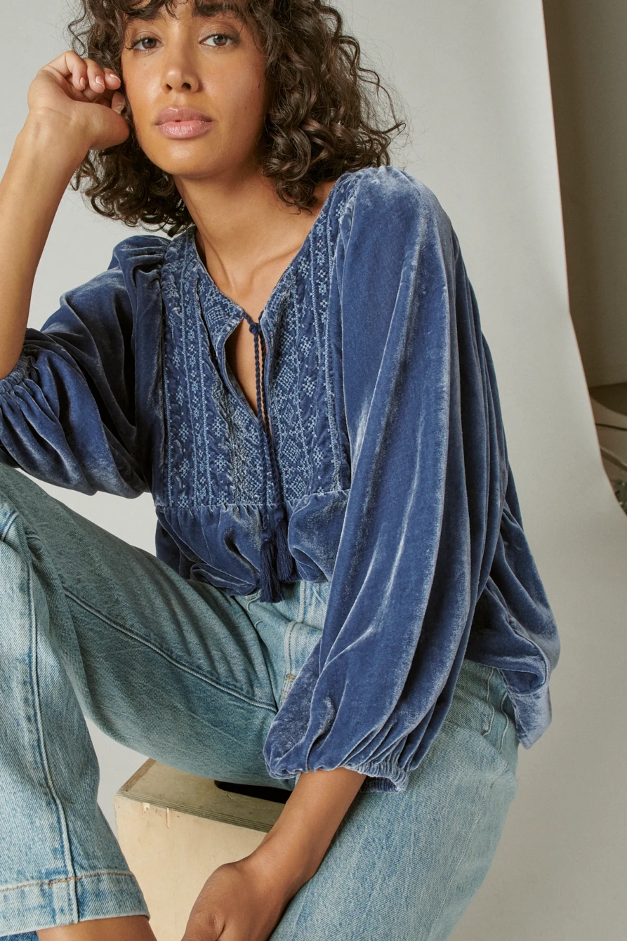 EMBROIDERED VELVET LONG SLEEVE BABYDOLL TOP, image 6