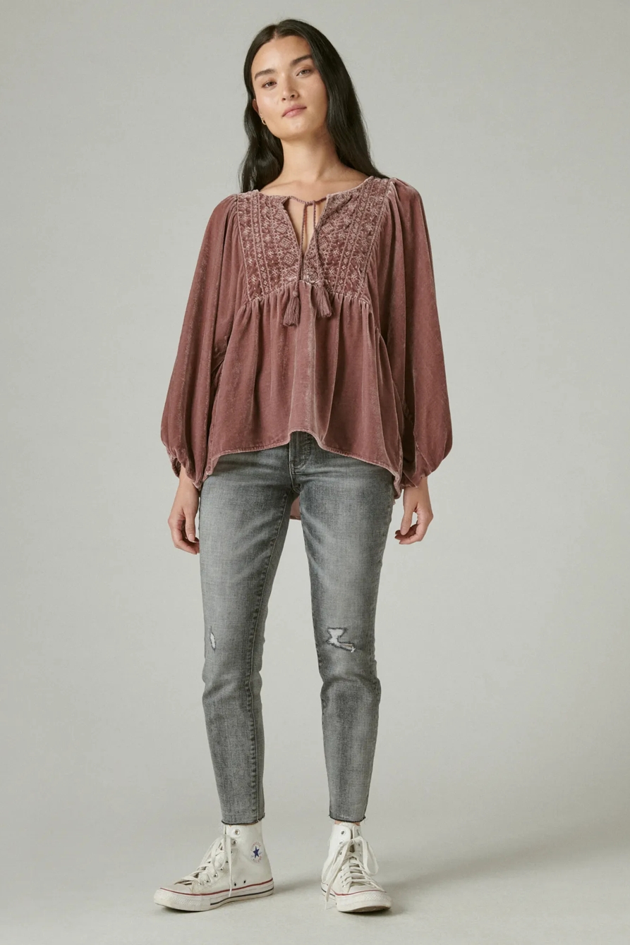 EMBROIDERED VELVET LONG SLEEVE BABYDOLL TOP, image 2