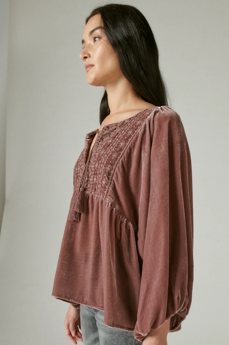 EMBROIDERED VELVET LONG SLEEVE BABYDOLL TOP, image 3