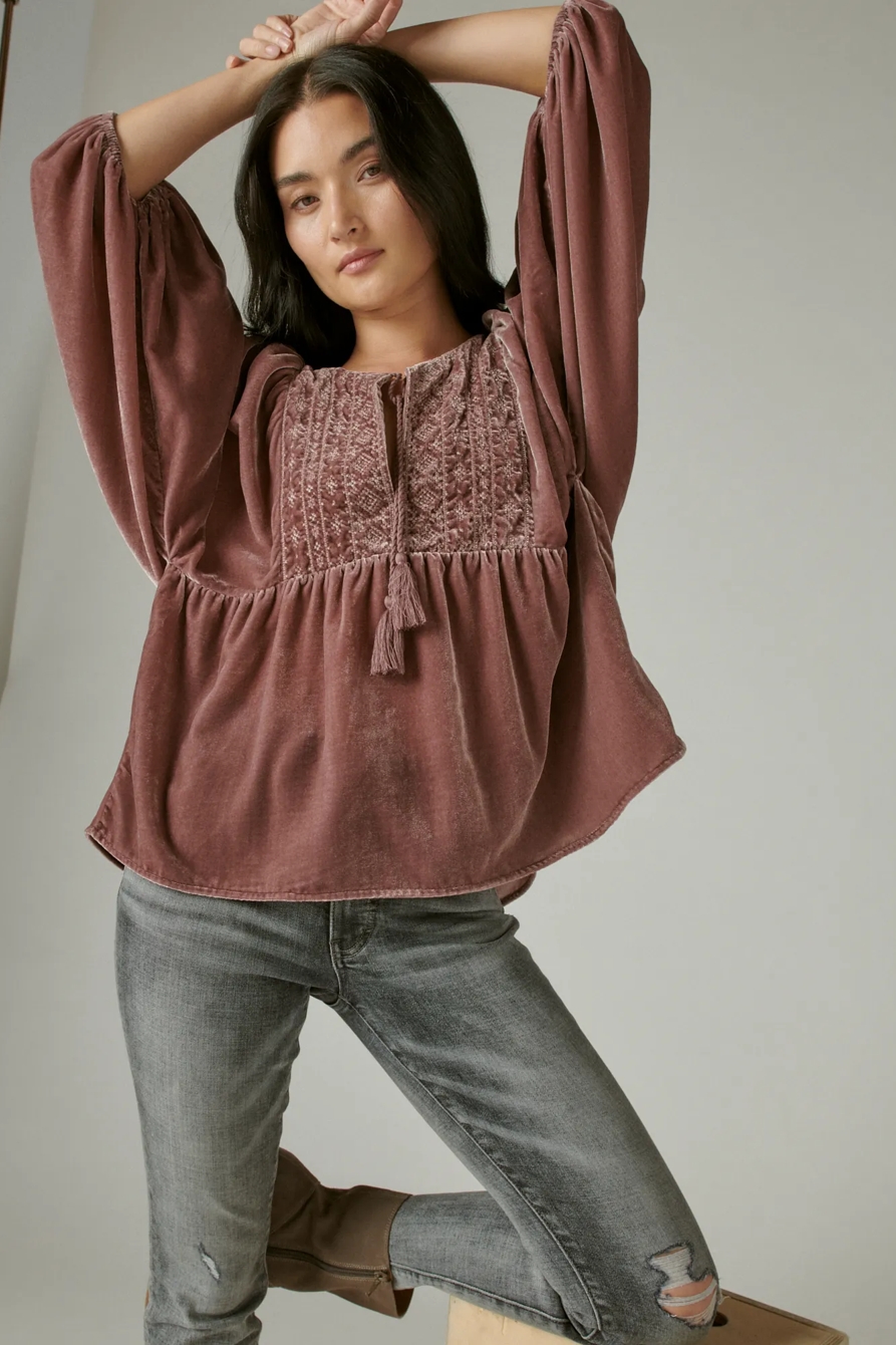 EMBROIDERED VELVET LONG SLEEVE BABYDOLL TOP, image 6