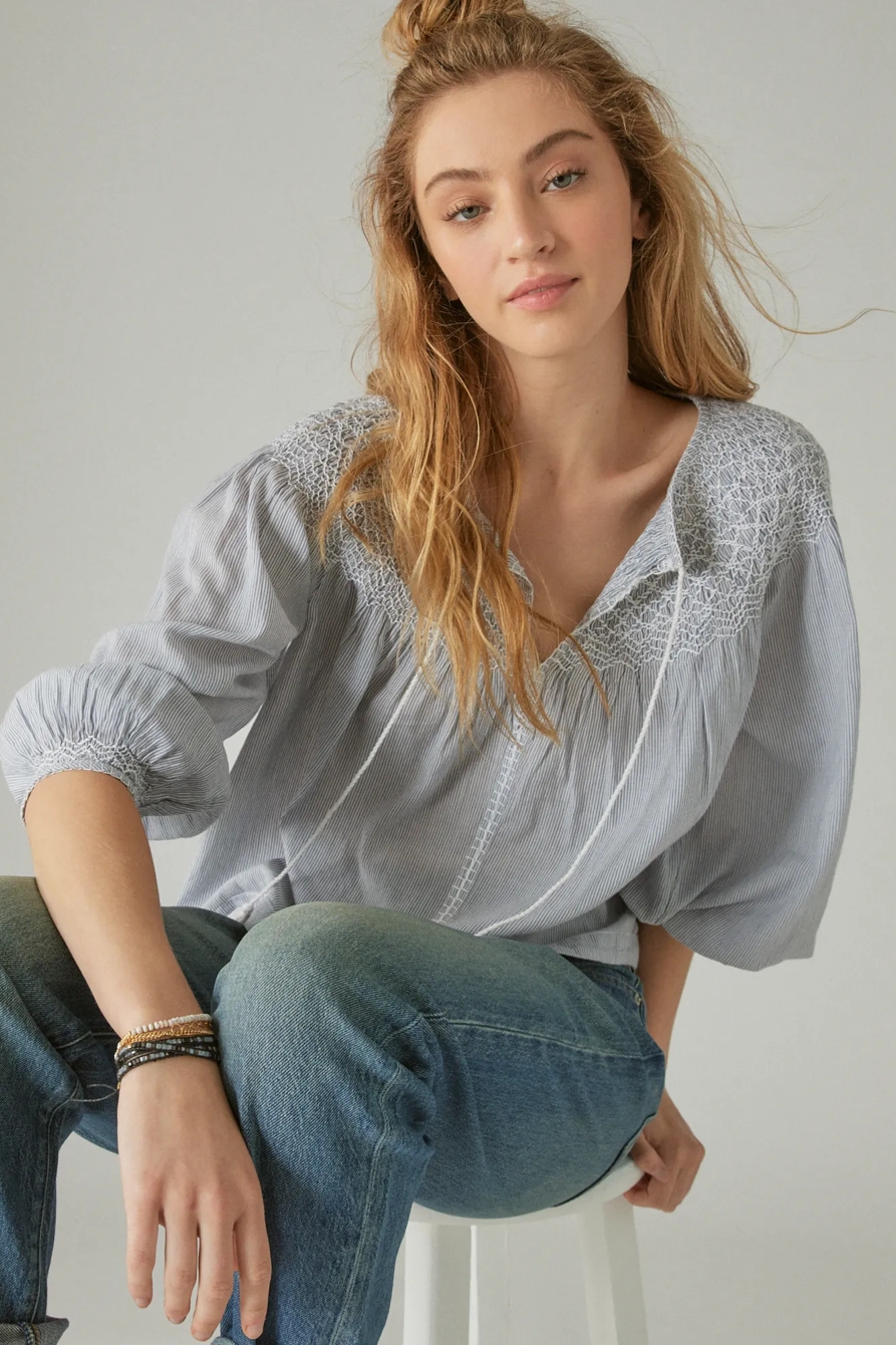 STRIPED SMOCKED PEASANT BLOUSE, image 4