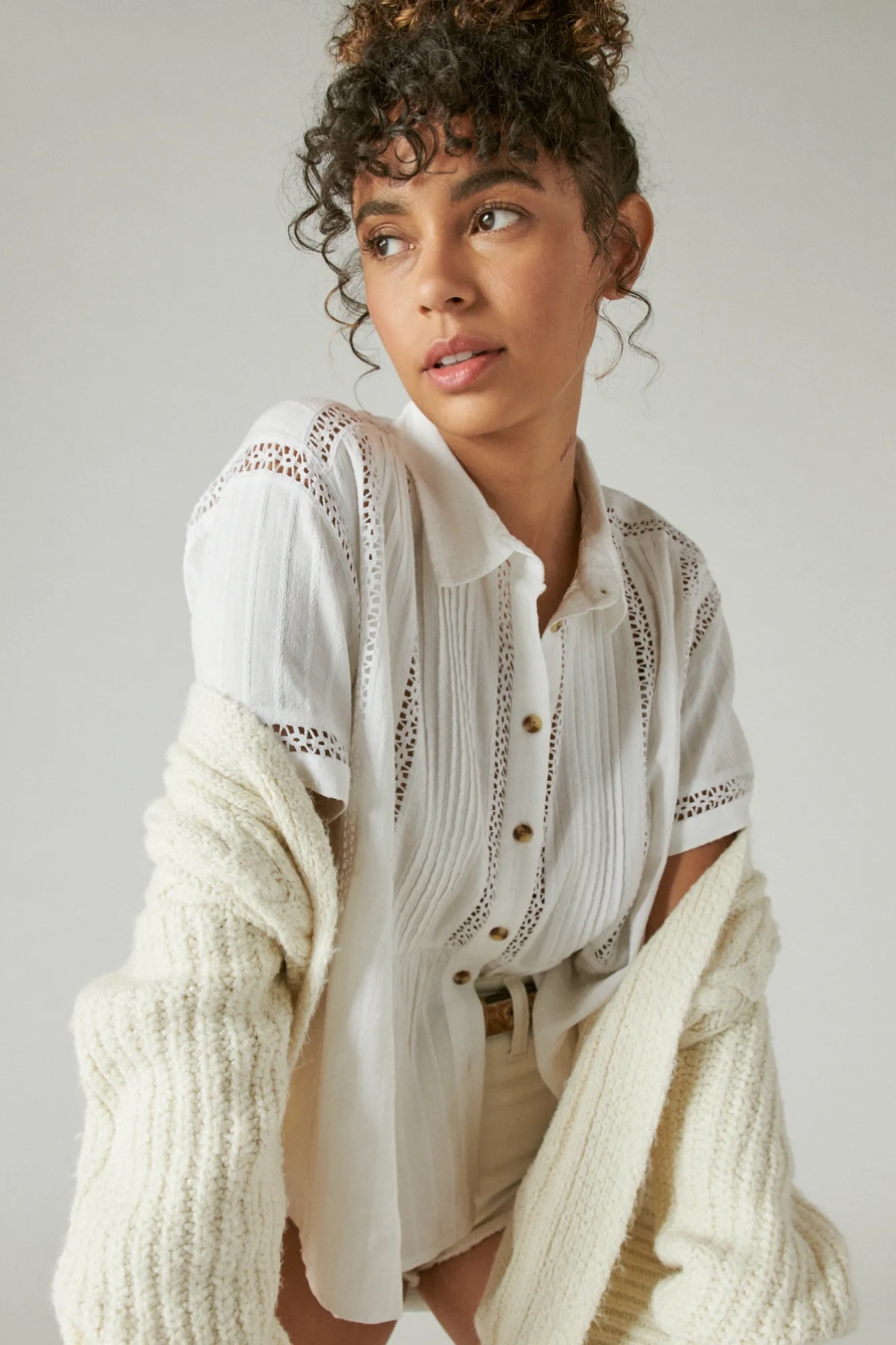 SHORT SLEEVE LACE INSET SHIRT, image 1
