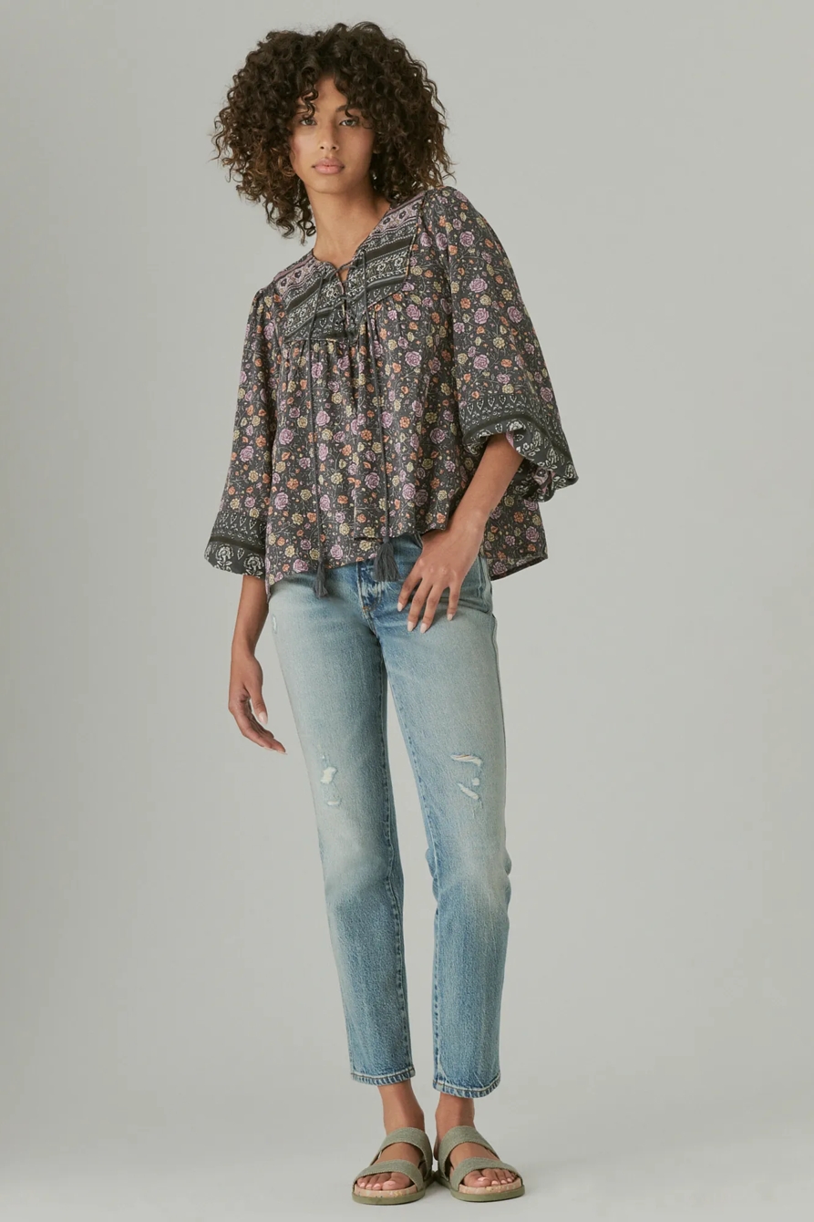 LACE UP BORDER PRINT PEASANT BLOUSE, image 2