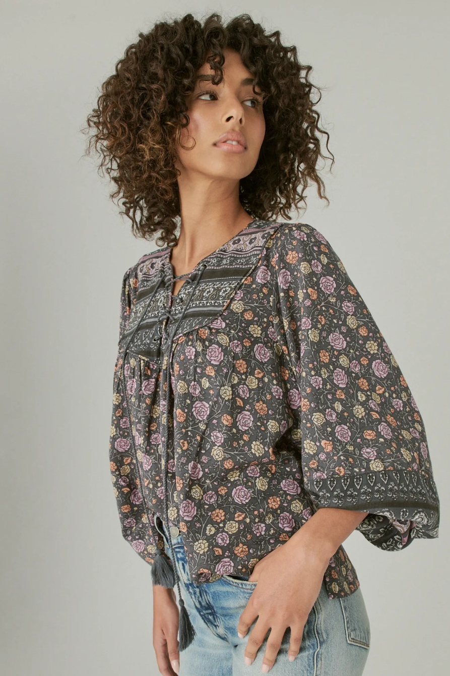 LACE UP BORDER PRINT PEASANT BLOUSE, image 3