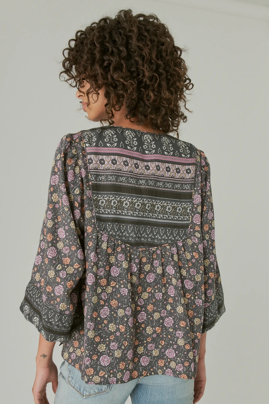 LACE UP BORDER PRINT PEASANT BLOUSE, image 4