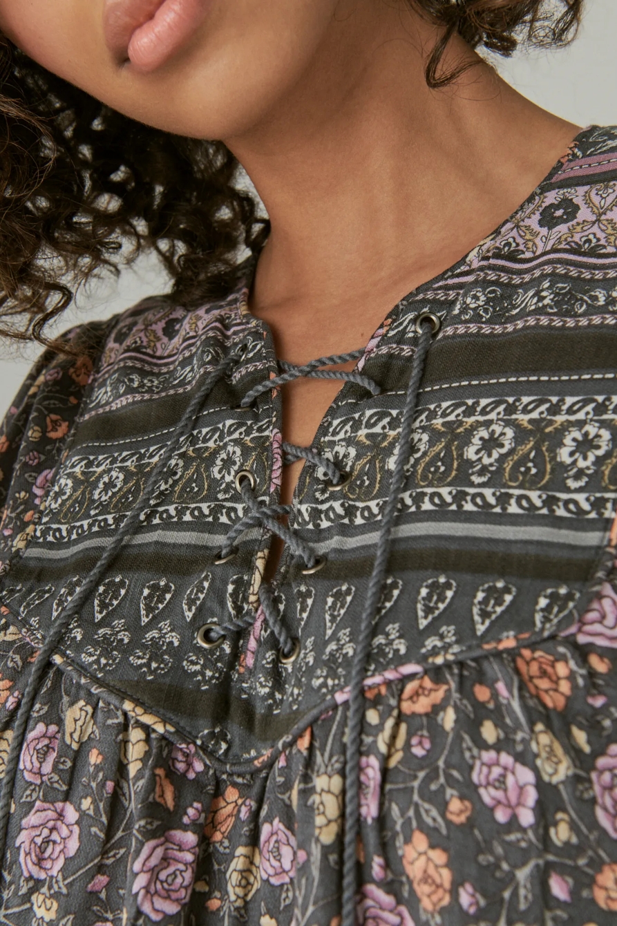 LACE UP BORDER PRINT PEASANT BLOUSE, image 5
