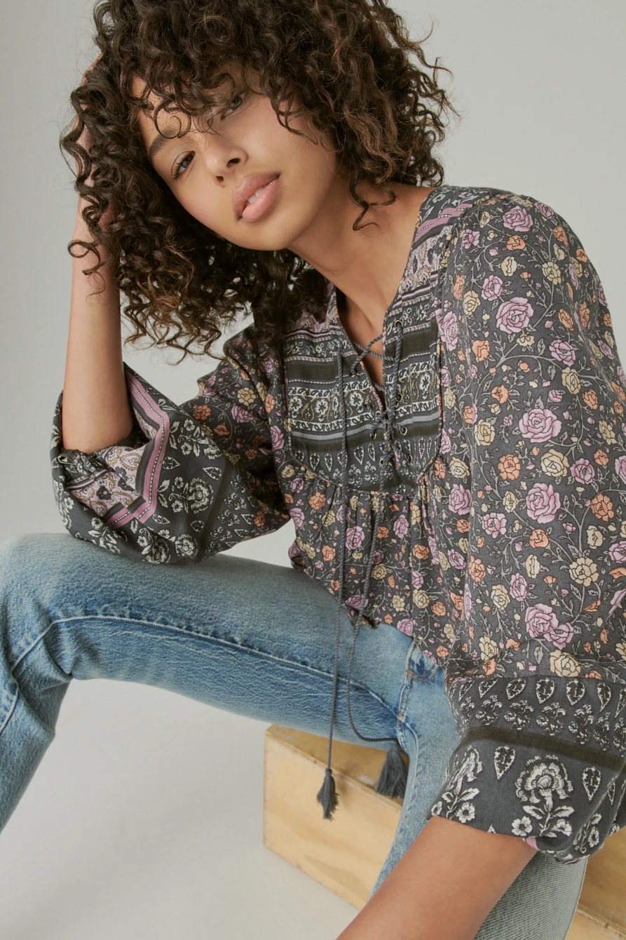 LACE UP BORDER PRINT PEASANT BLOUSE, image 6