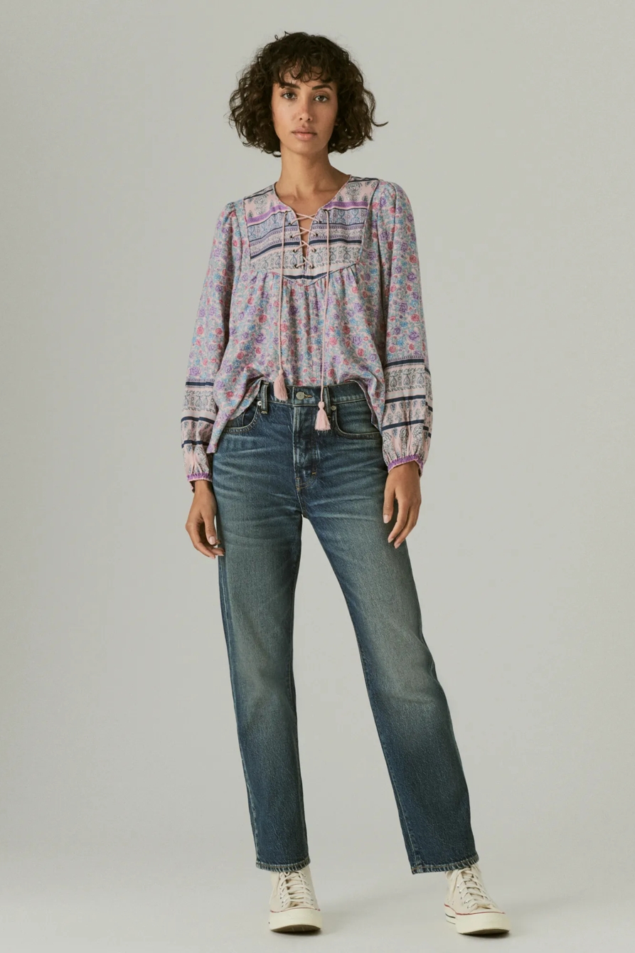 LACE UP BORDER PRINT PEASANT BLOUSE, image 2