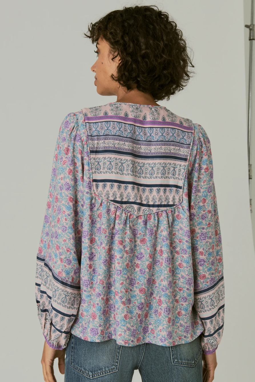 LACE UP BORDER PRINT PEASANT BLOUSE, image 3