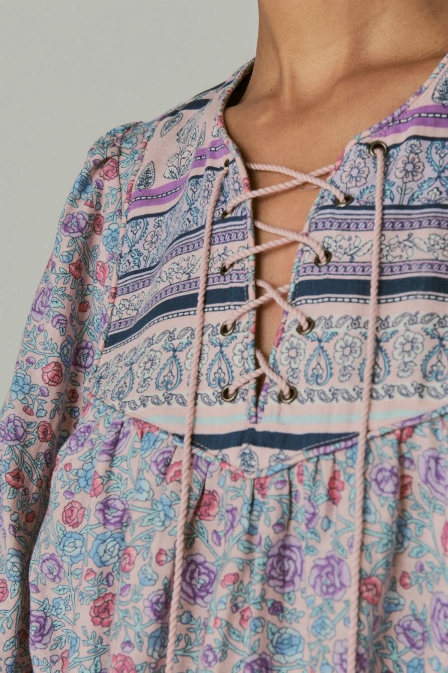 LACE UP BORDER PRINT PEASANT BLOUSE, image 4