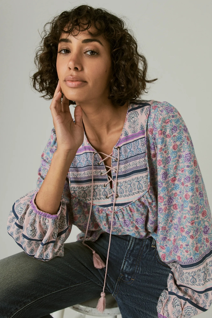 LACE UP BORDER PRINT PEASANT BLOUSE, image 5
