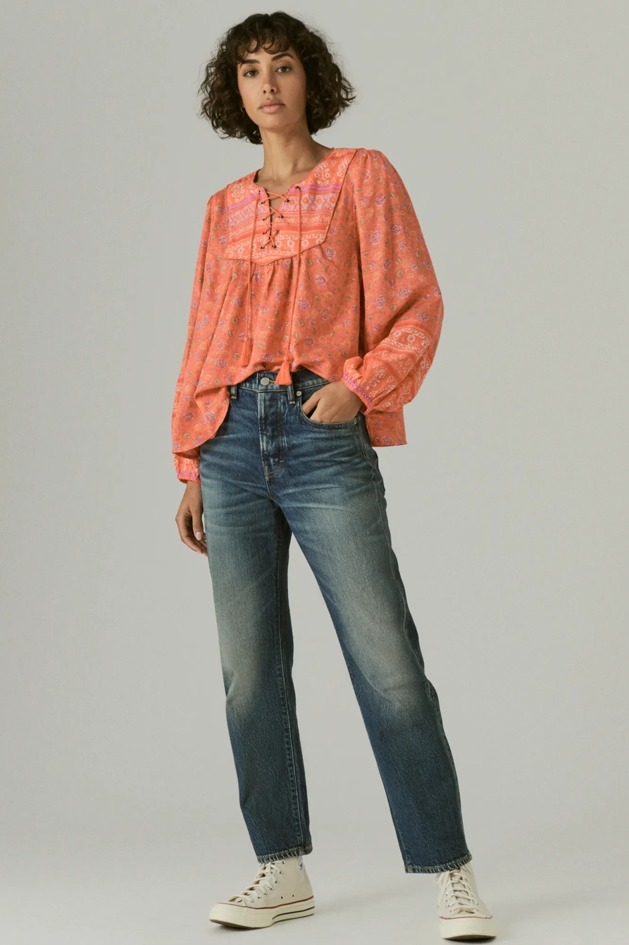 LACE UP BORDER PRINT PEASANT BLOUSE, image 2