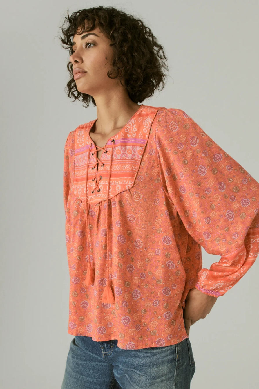 LACE UP BORDER PRINT PEASANT BLOUSE, image 3