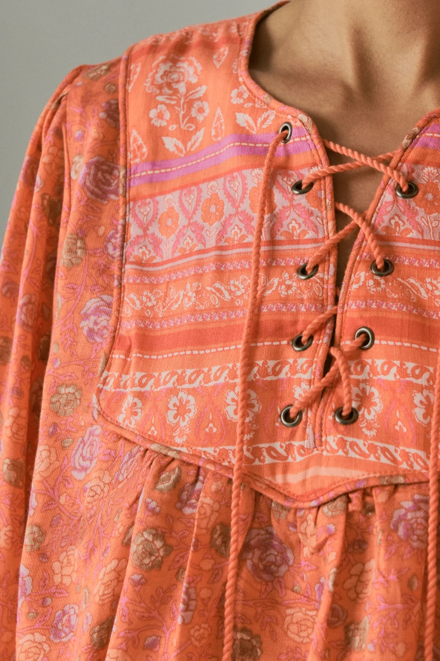 LACE UP BORDER PRINT PEASANT BLOUSE, image 5