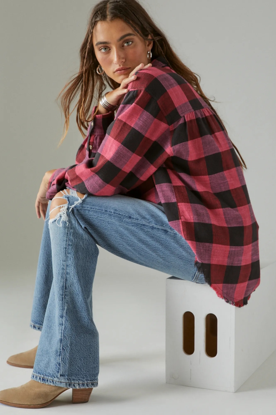 OVERSIZED DISTRESSED PLAID FLANNEL SHIRT, image 1