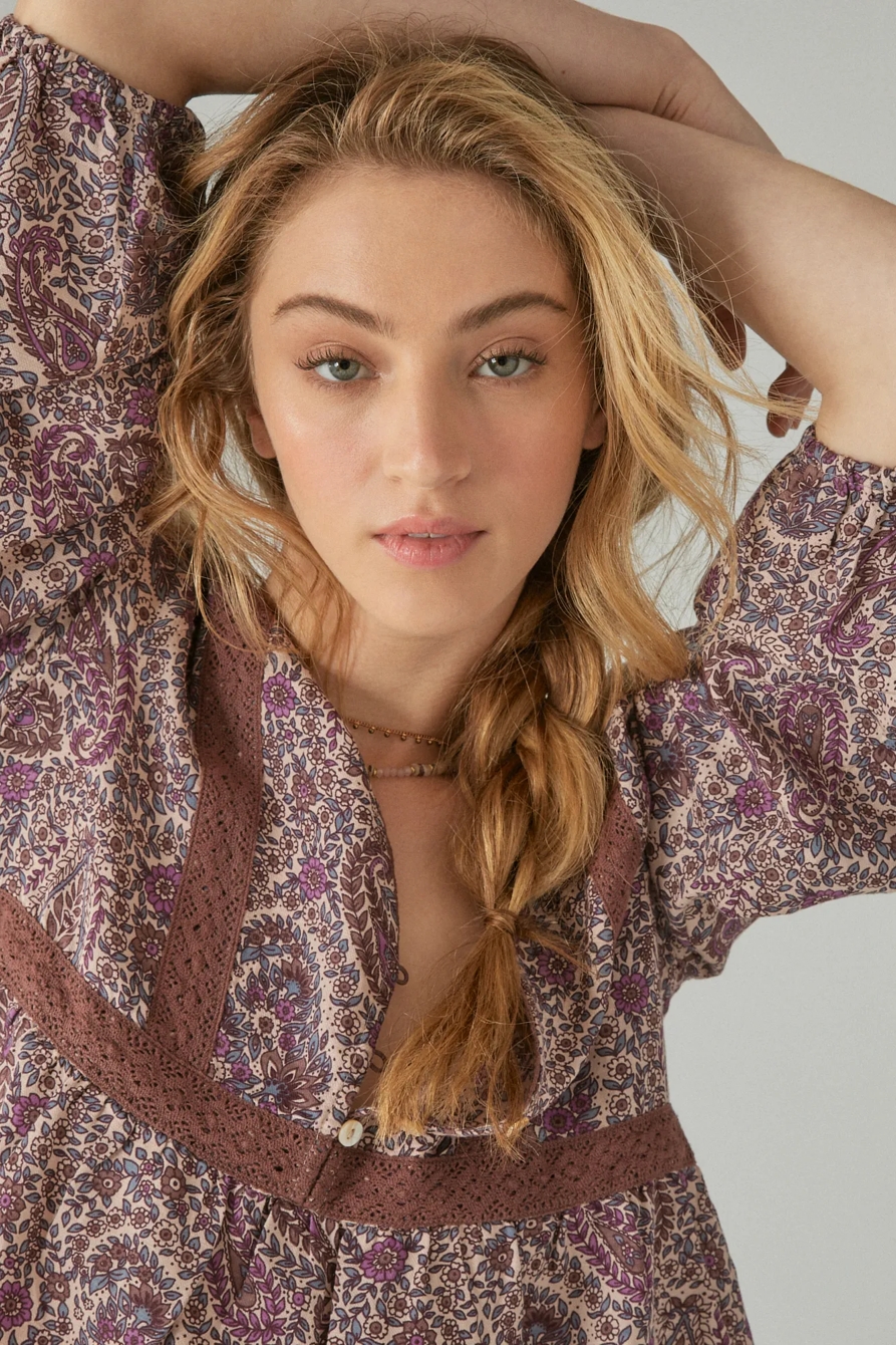 PRINTED LACE INSET BABYDOLL TOP, image 3