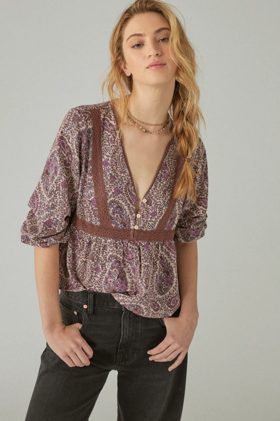 PRINTED LACE INSET BABYDOLL TOP, image 4