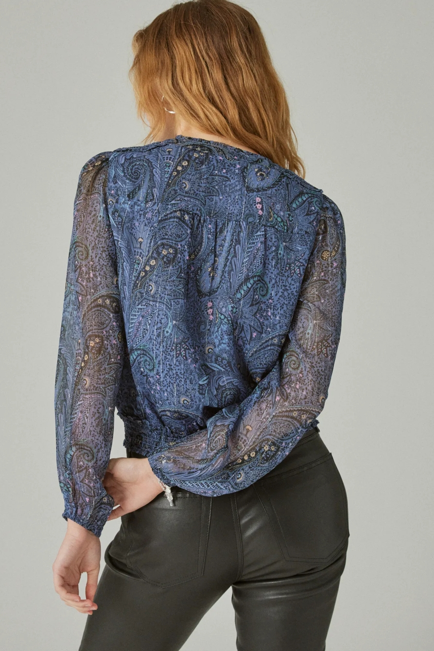 LONG SLEEVE PAISLEY BUBBLE HEM BLOUSE, image 2