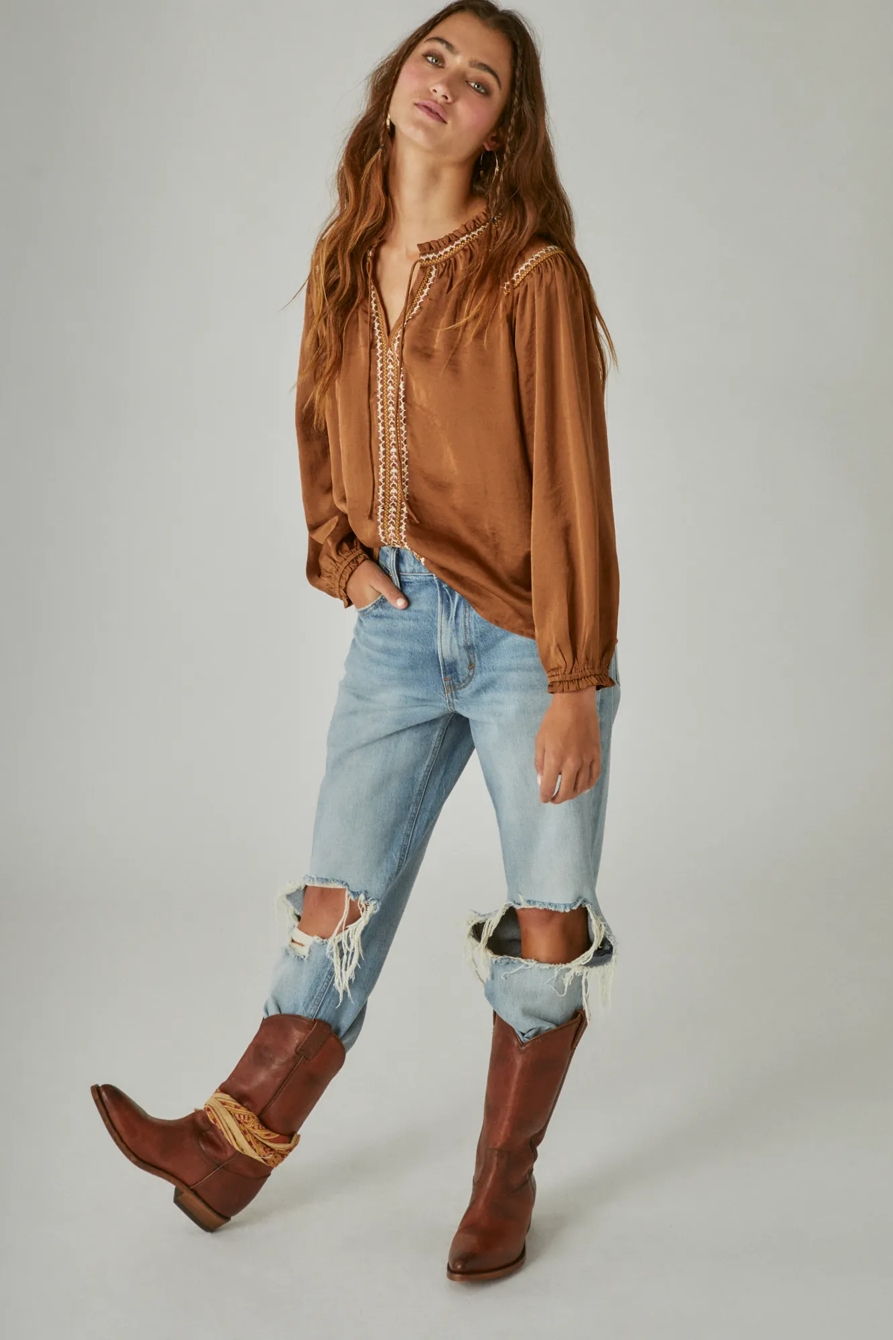 EMBROIDERED SATIN PEASANT TOP, image 2