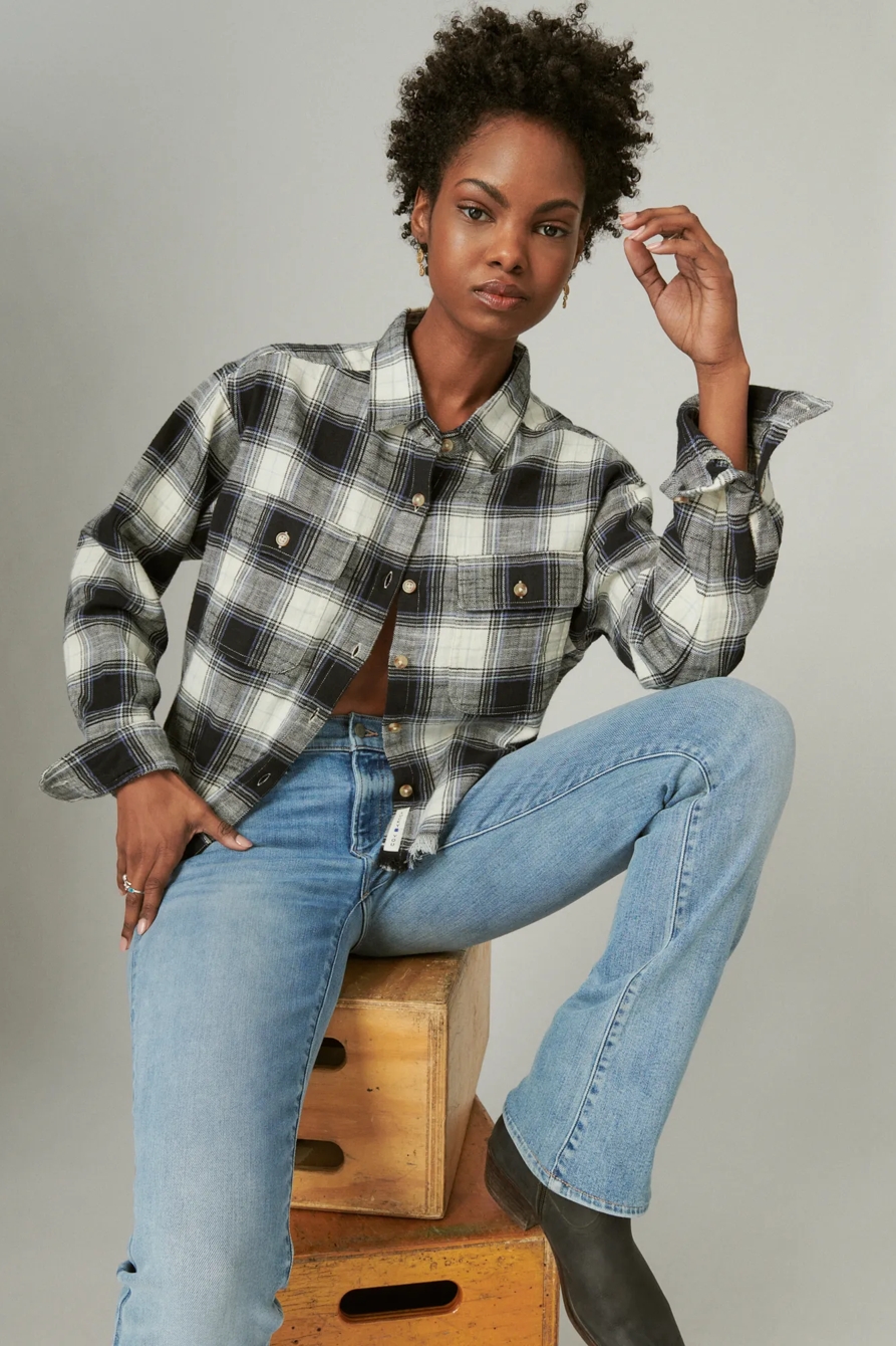 RAW EDGE FLANNEL CROPPED BUTTON DOWN SHIRT, image 1