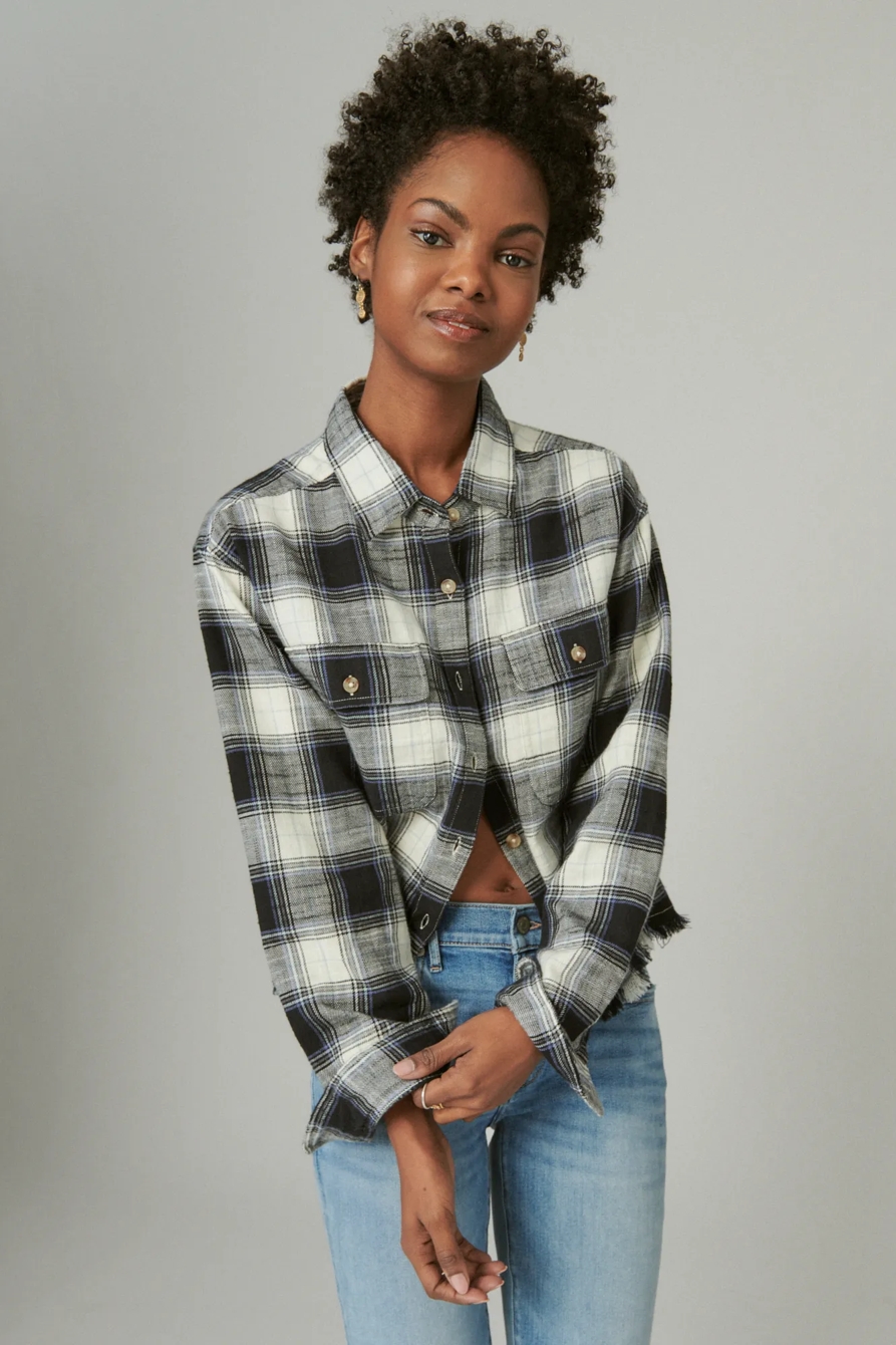 RAW EDGE FLANNEL CROPPED BUTTON DOWN SHIRT, image 2