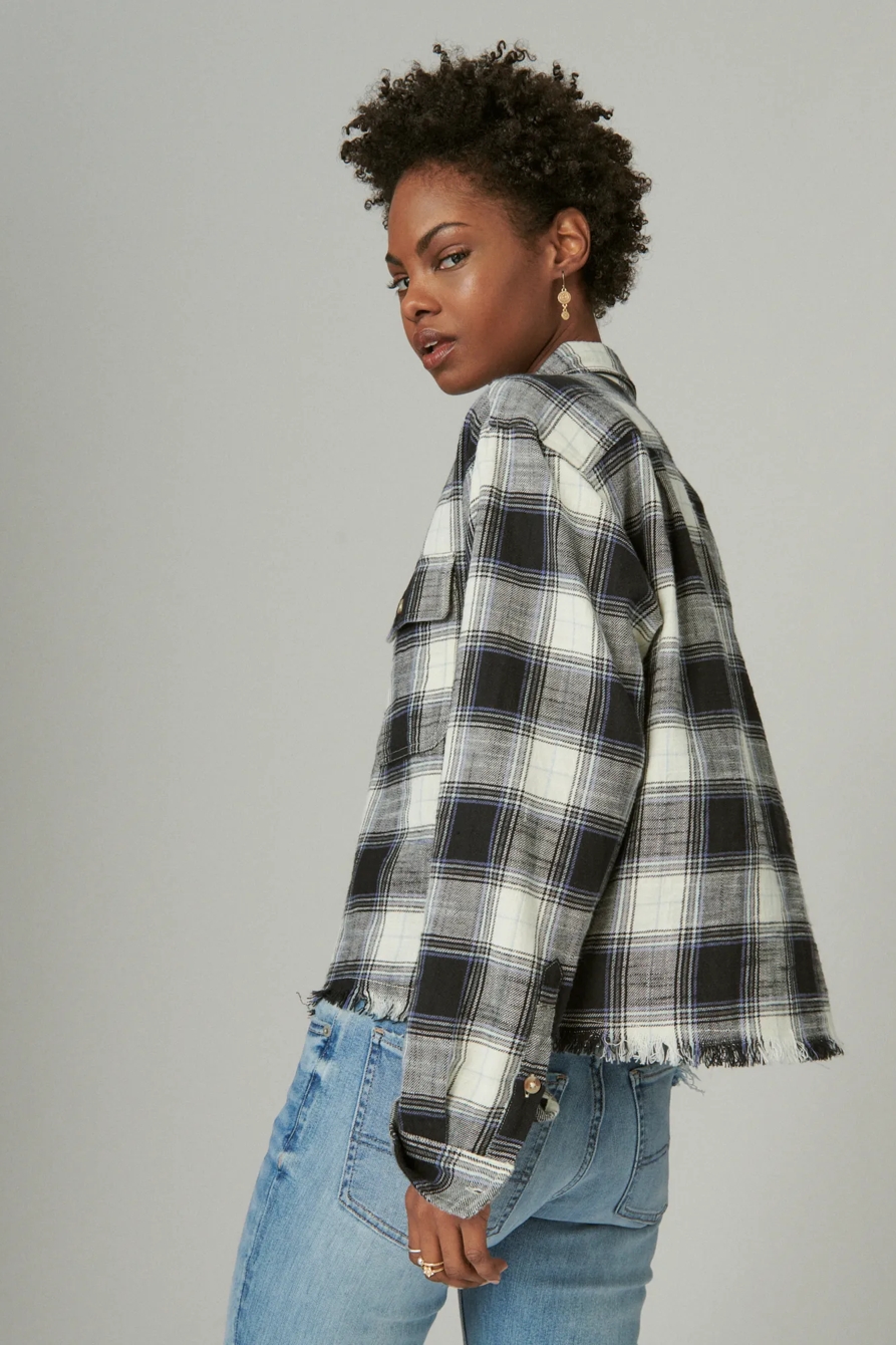 RAW EDGE FLANNEL CROPPED BUTTON DOWN SHIRT, image 3